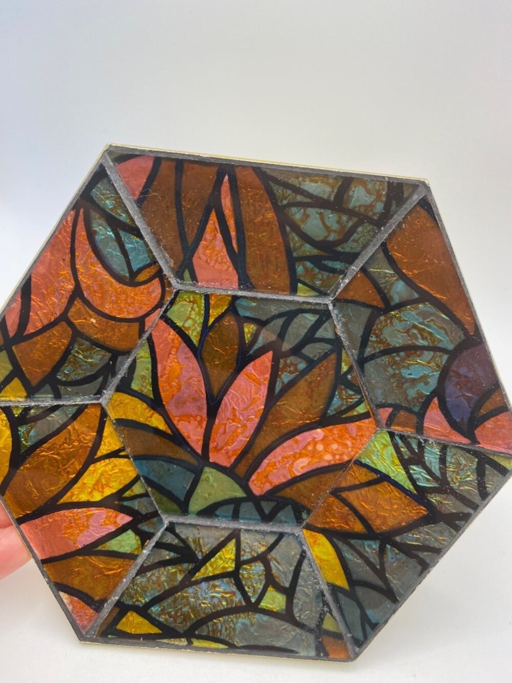 1960’s Hexagonal Stained Glass Decorative Dish By Glass Guild Georges Briard